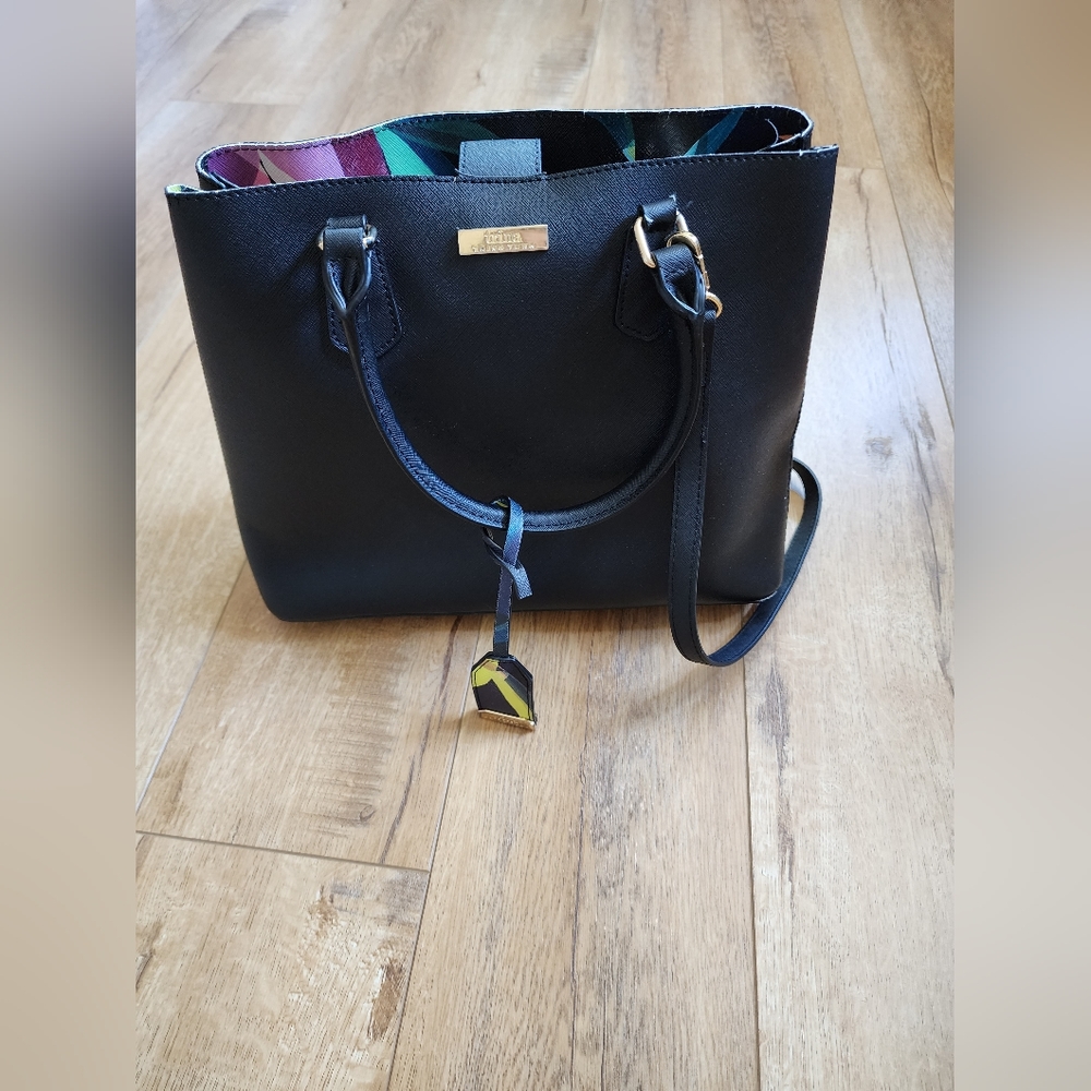 Trina Turk Black Tote Vegan Leather Handbag Crossbody Detachable Strap 13x10x5.